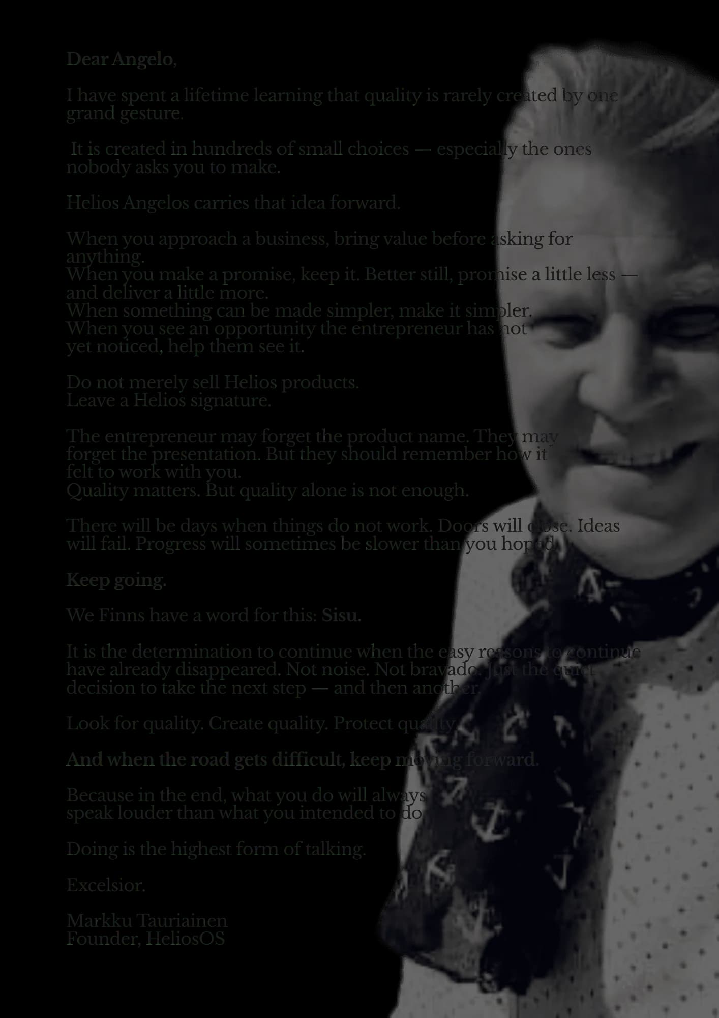 Letter from Markku Tauriainen to a future Helios Angelo